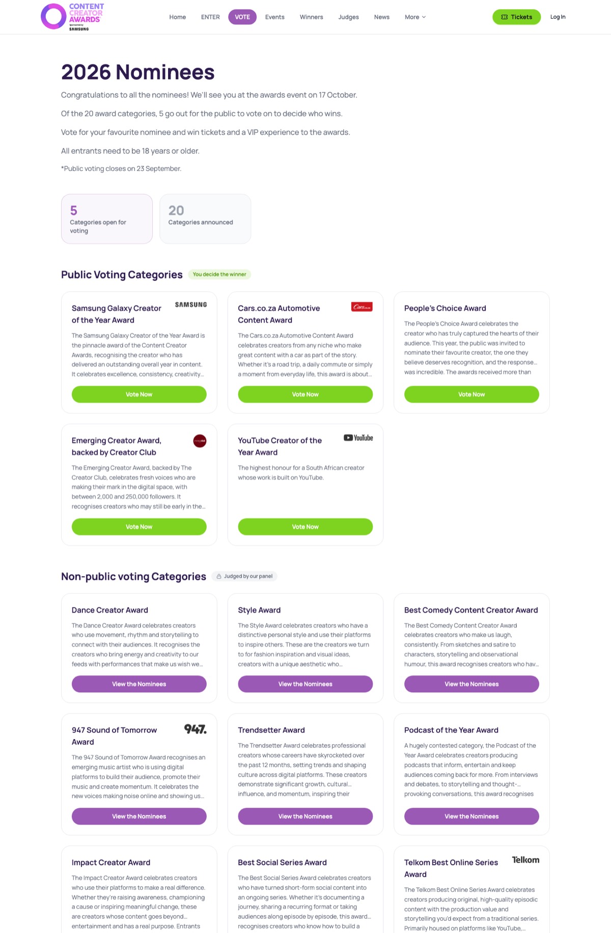 The categories listing
