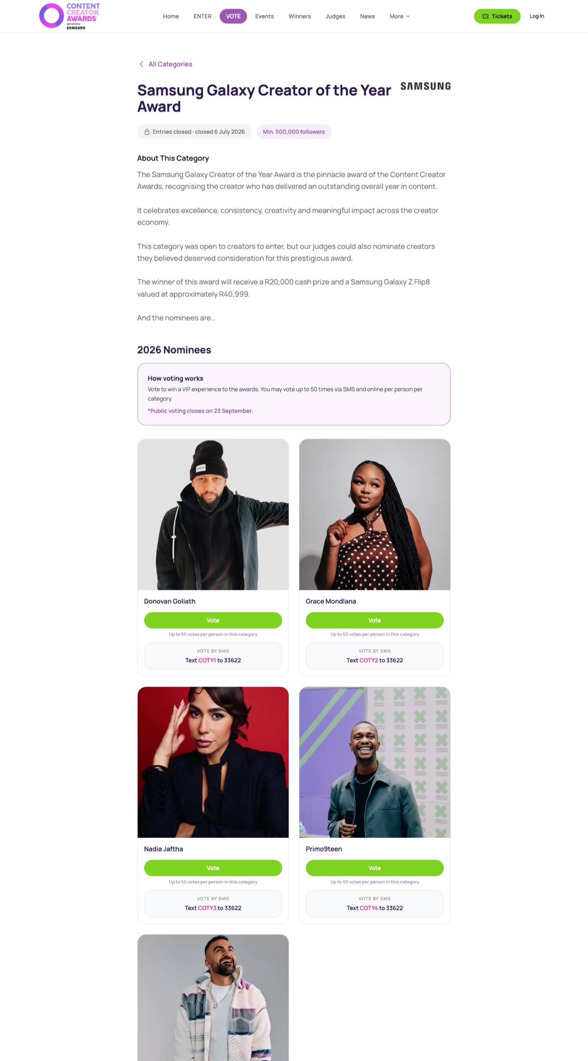 Nominee cards with vote buttons and SMS voting codes